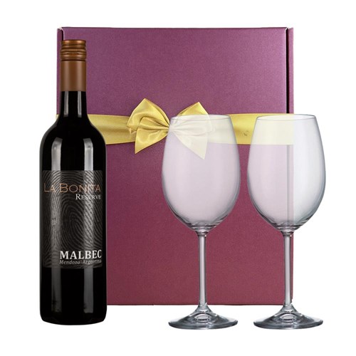 La Bonita Malbec Reserve 75cl Red Wine And Bohemia Glasses In A Gift Box